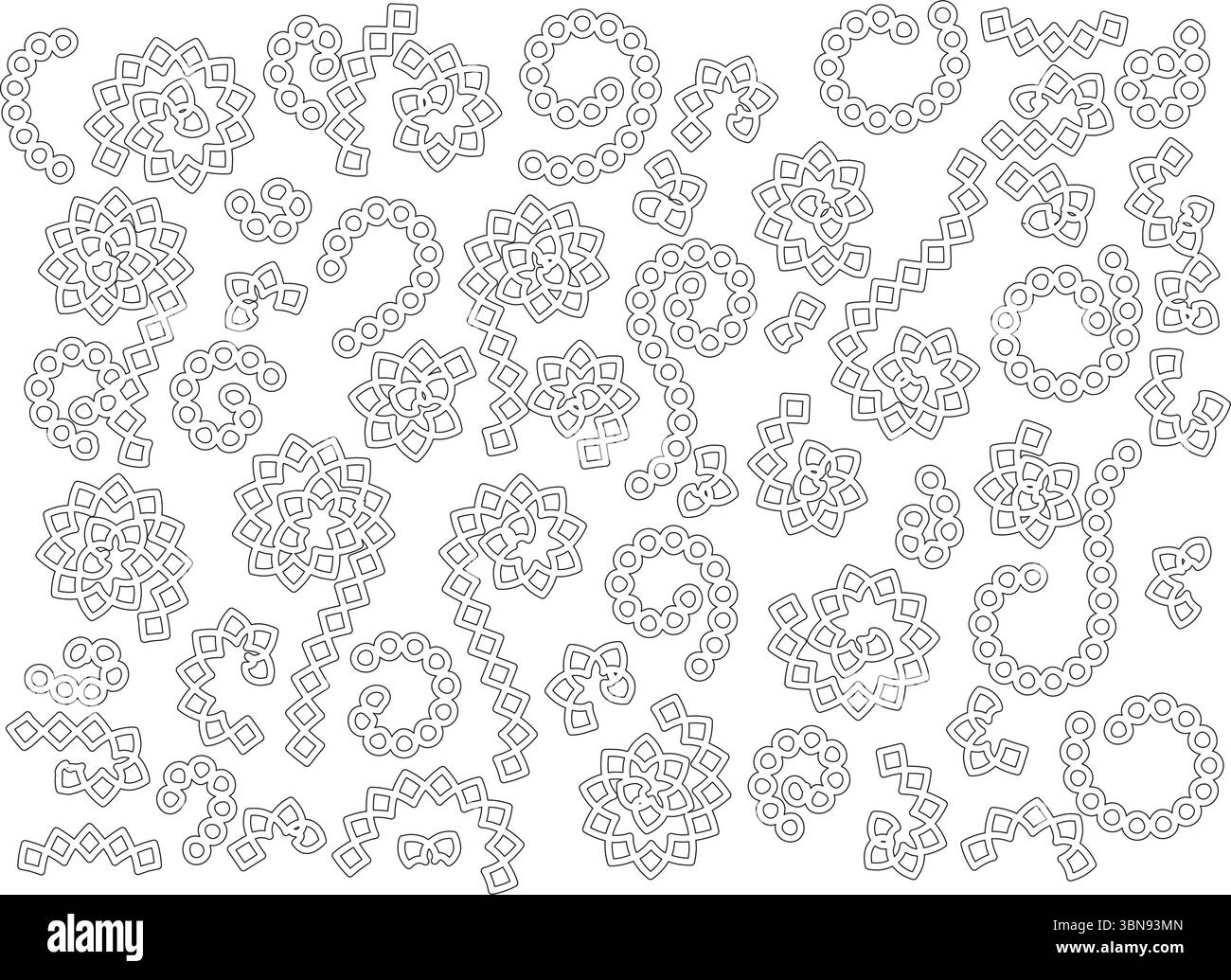 Une collection de motifs géométriques abstraits en noir et blanc détaillés, avec un éventail de motifs complexes comprenant des lignes tourbillonnantes de cercles, int Illustration de Vecteur