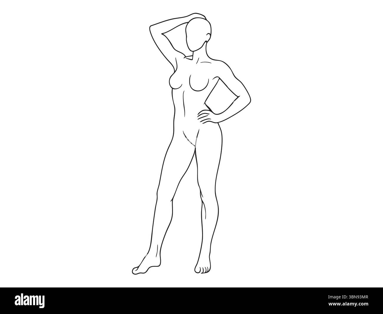 Noir de femme debout avec la main sur la hanche dans le style d'art en ligne, isolé sur fond blanc. concept de figure féminine, anatomie humaine, étude de pose, conception Illustration de Vecteur