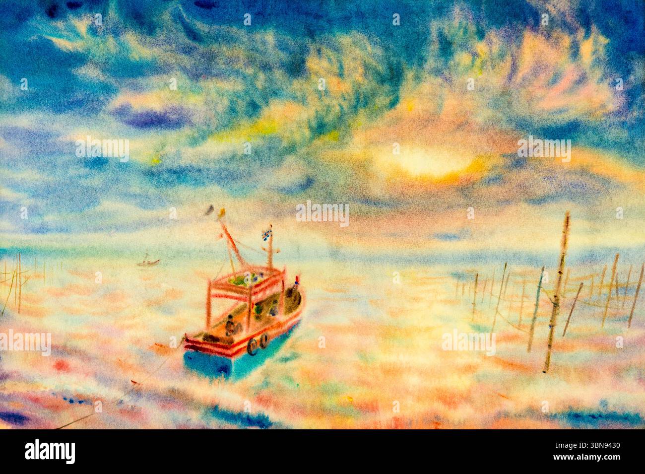 Aquarelle Seascape peinture originale colorée de la famille de bateau de pêche, style de vie et émotion au soleil, fond de nuages. Impressionniste peint i Banque D'Images