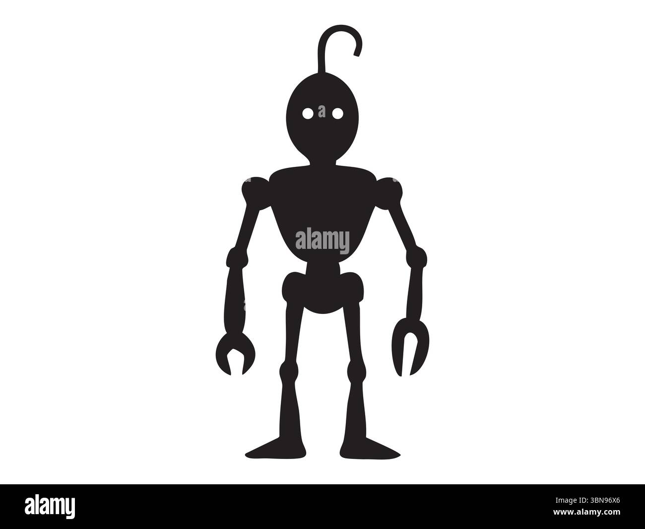 Silhouette noire de jouet robot debout, isolé sur fond blanc, illustration graphique. concept de design futuriste, intellige artificiel Illustration de Vecteur