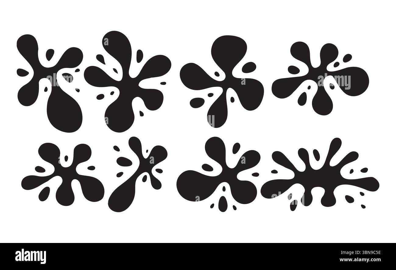 Collection de silhouettes d'éclaboussures d'encre noire sous diverses formes abstraites. Parfait pour les dessins grunge, les effets comiques, les graphismes animés ou les créations désordonnées Illustration de Vecteur
