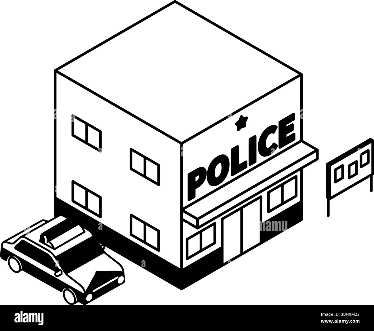 Illustration isométrique d'une boîte de police et d'une voiture de patrouille dans un design simple et minimal, noir et blanc, illustration vectorielle Illustration de Vecteur