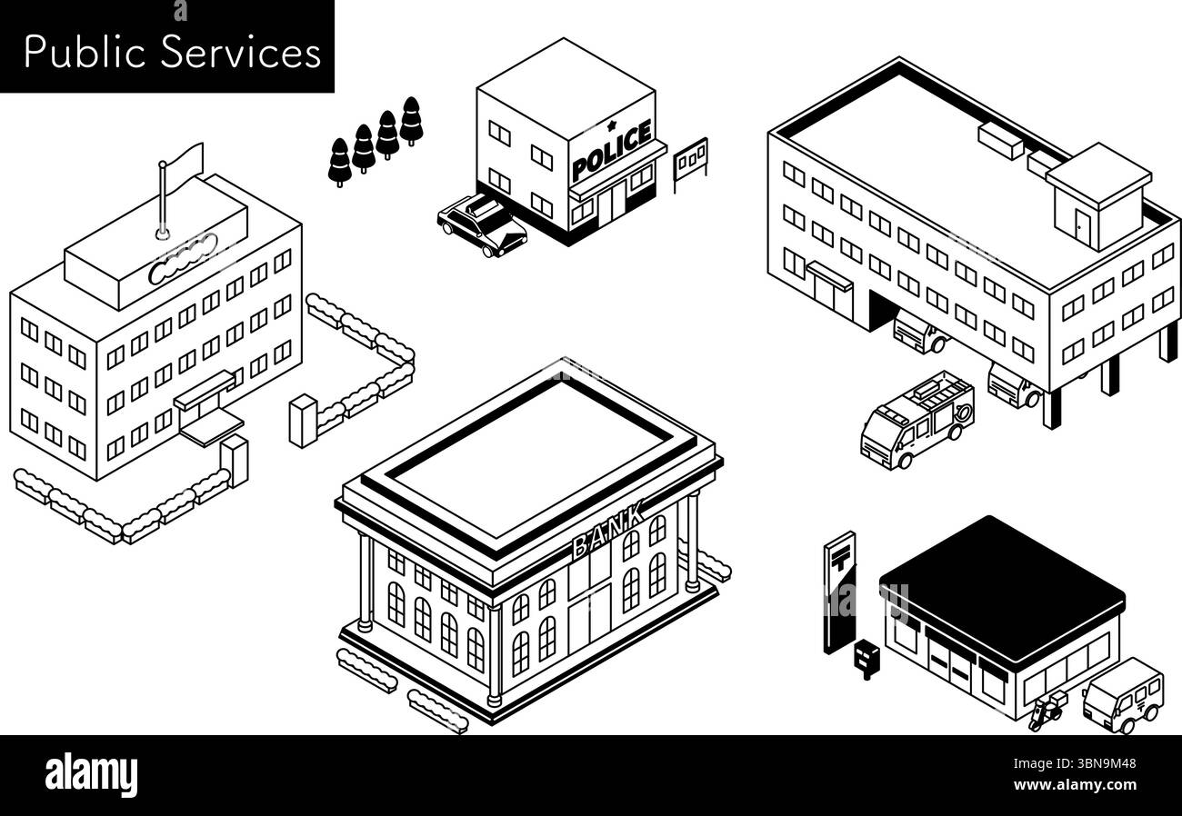 Illustration isométrique de dessin au trait des bâtiments et des véhicules de service public, y compris la boîte de police, le bureau de poste, la caserne de pompiers, la banque, la voiture de patrouille et le tr de pompier Illustration de Vecteur