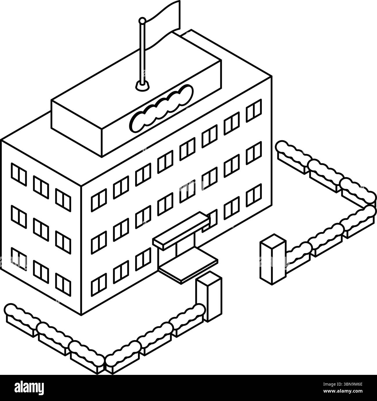 Illustration isométrique d'un bureau du gouvernement avec un drapeau national affiché, noir et blanc, illustration vectorielle Illustration de Vecteur