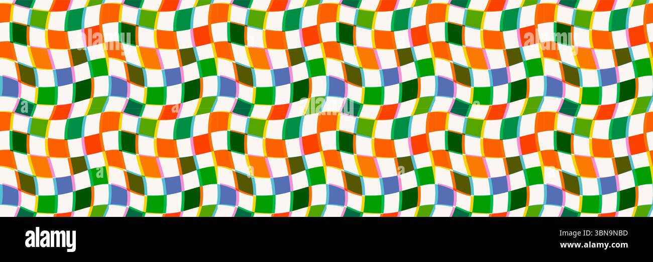 Fond de motif de damier ondulé avec orange, vert, bleu, jaune, rose et blanc avec effet multiply. Vecteur psychédélique rétro sans couture pour l'emballage Illustration de Vecteur