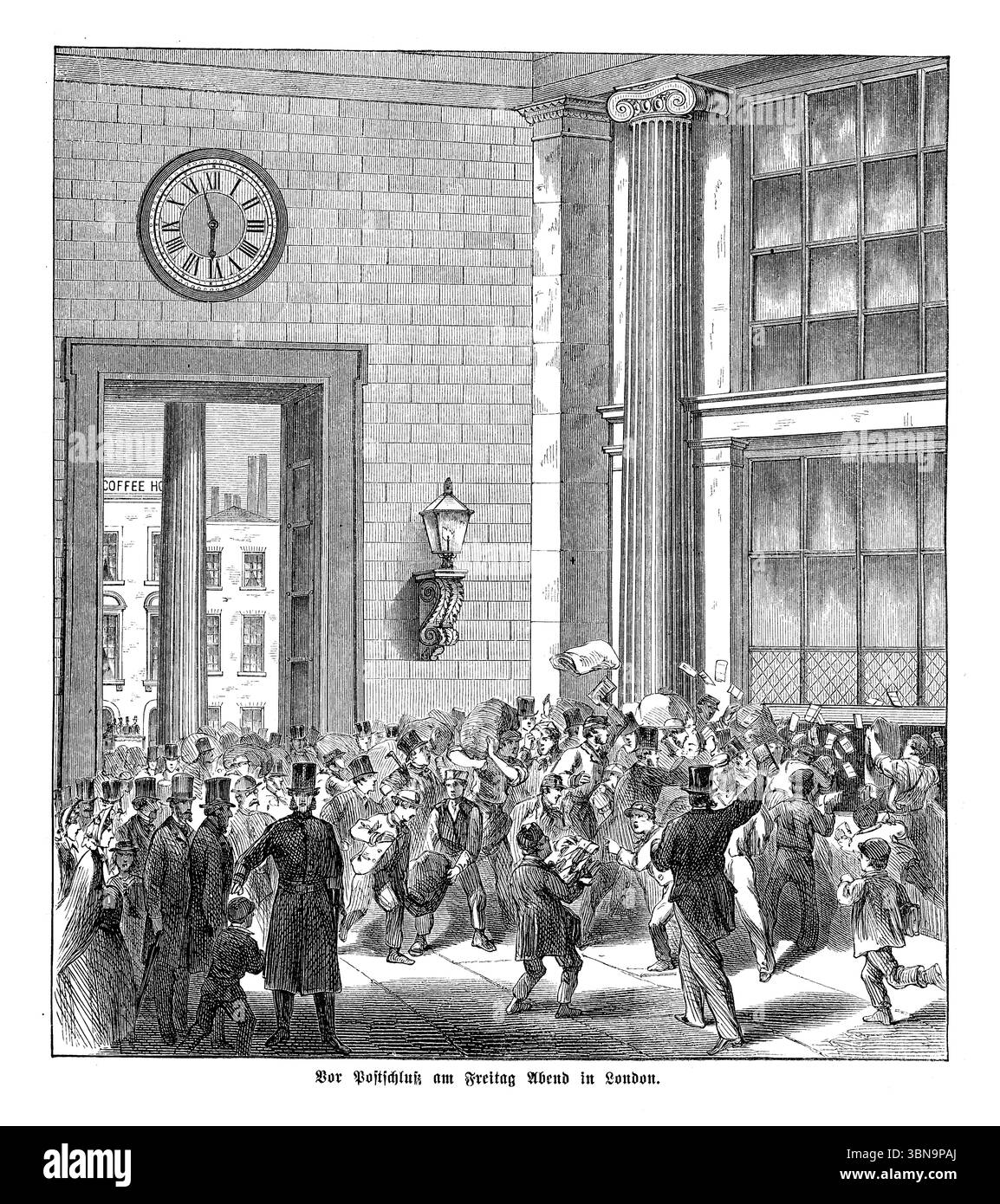 Les gens se dépêchent et se précipitent avant la fermeture du week-end du bureau de poste vendredi soir à Londres, illustration du 19ème siècle Banque D'Images