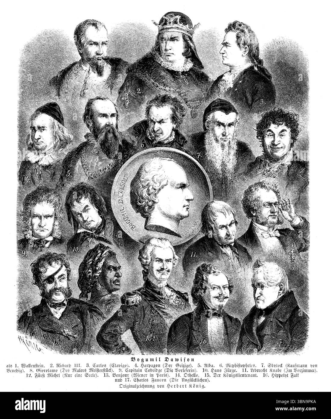 Bogumil Dawison célèbre acteur allemand du XIXe siècle entouré de portraits de ses interprétations et rôles les plus réussis Banque D'Images