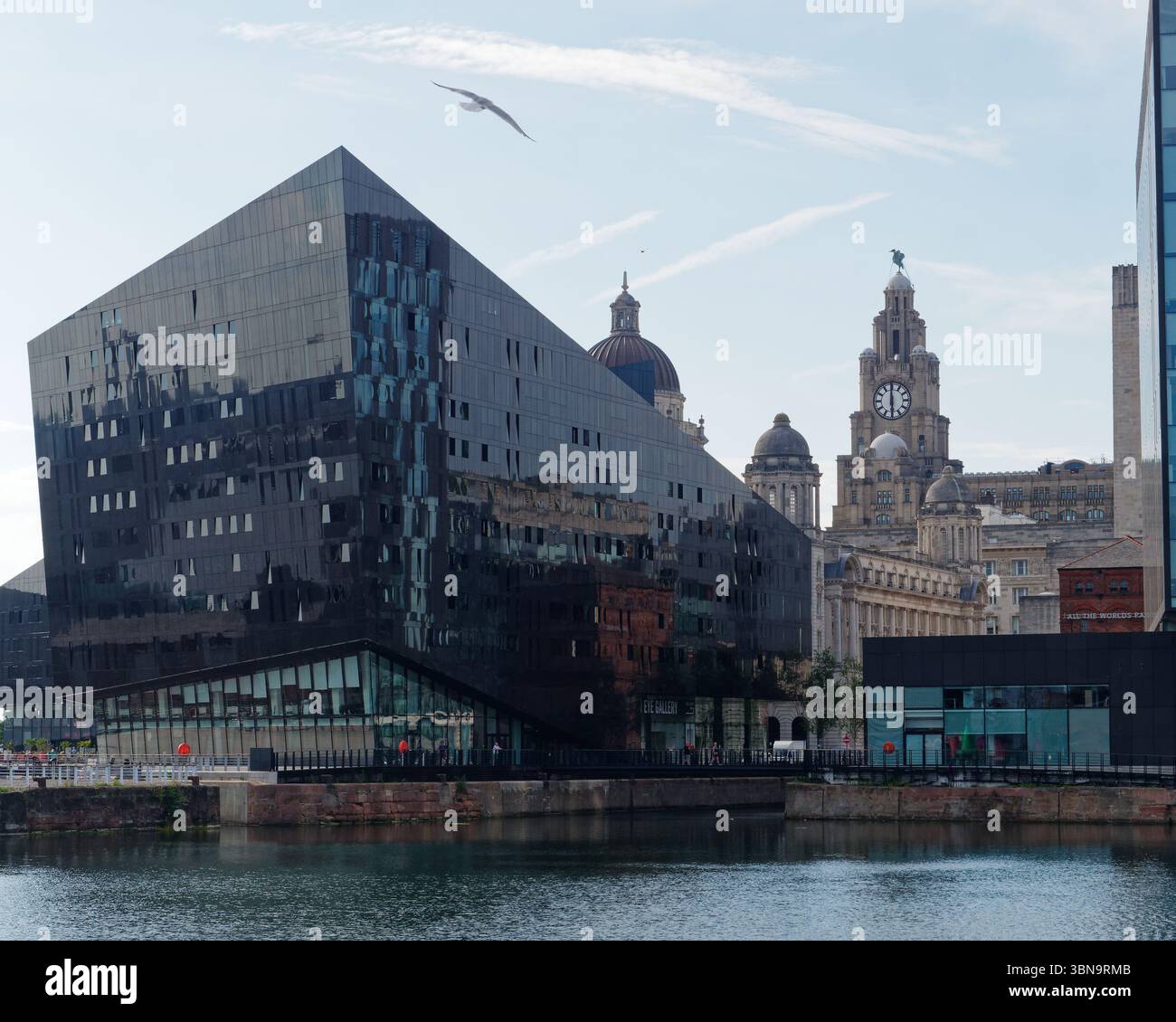 Bâtiment moderne à côté de Canning Dock avec bâtiment Royal Loiver à Pier Head derrière. Liverpool, Merseyside, Angleterre. 30 juin 2025 Banque D'Images