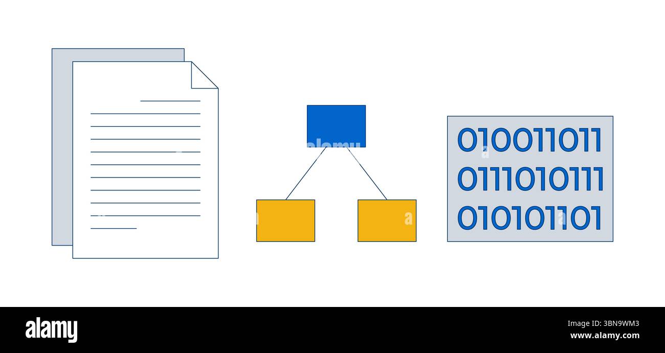 Documents, organigramme et code binaire objets de dessin animé 2D. Illustration de Vecteur