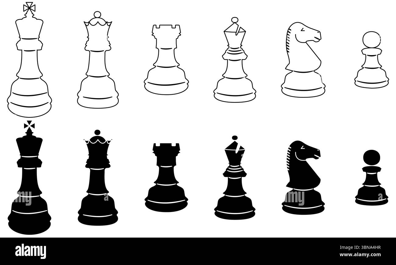 Ensemble de pièces d'échecs en blanc et noir isolé sur un fond blanc Illustration de Vecteur