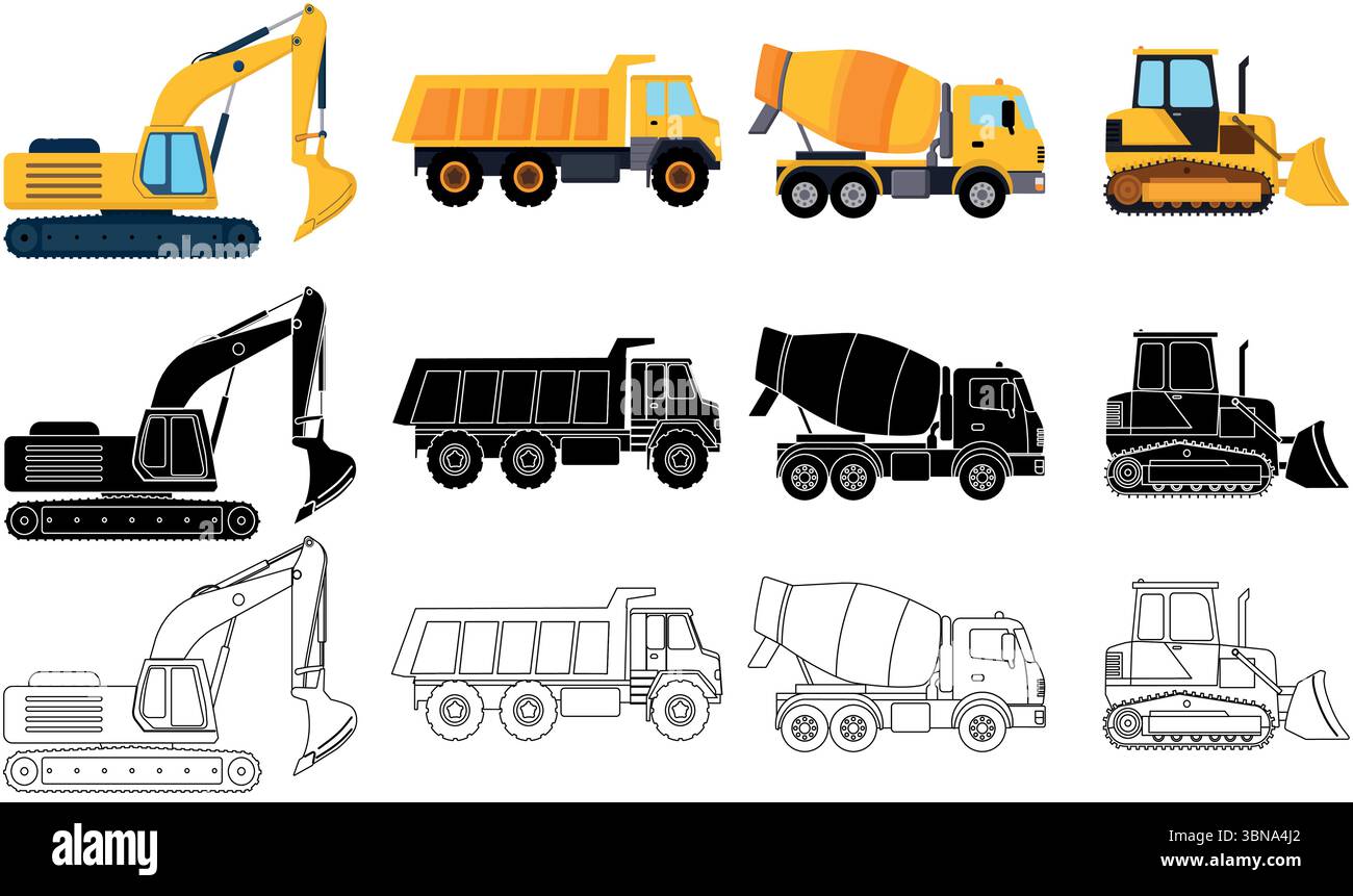Véhicules de construction excavatrice, camion-benne, mélangeur de ciment, équipement de conception de bulldozer en couleur, remplissage noir et blanc avec des poids de course réglables Illustration de Vecteur