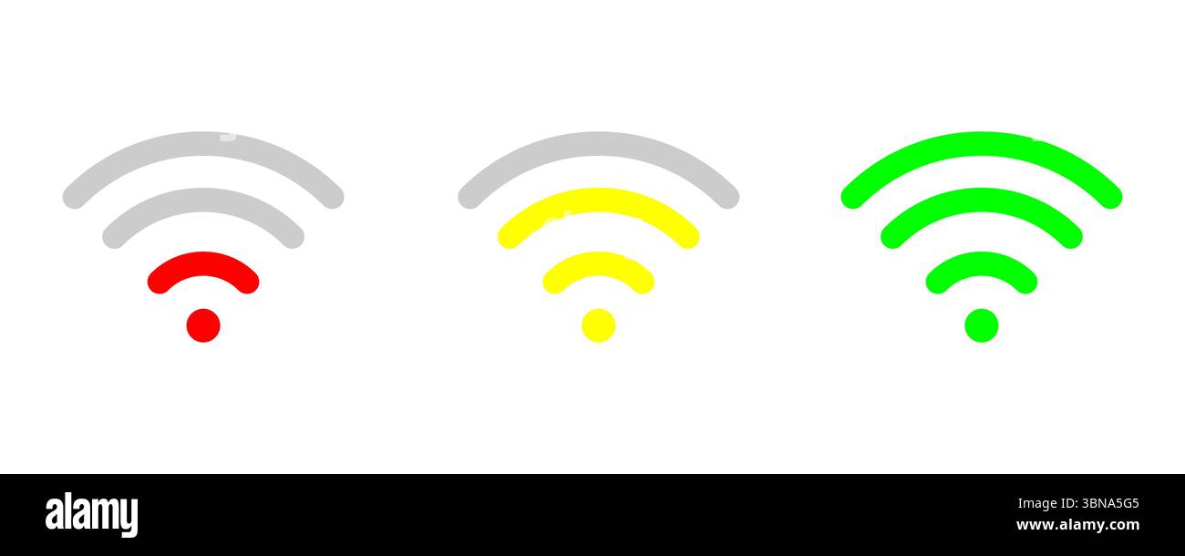 Puissance du signal Wi-fi sur modèle blanc. Puissance maximale, moyenne et minimale du signal sans fil. Voyant vert, jaune, rouge. Signal haut, bas niveau Illustration de Vecteur
