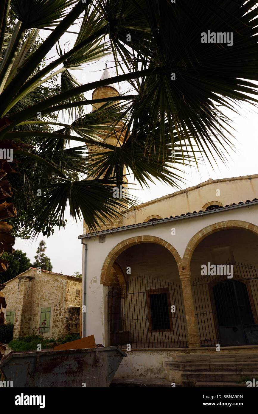 Une scène mettant en scène un bâtiment blanc avec des portes voûtées et une porte en métal noir. Le bâtiment a un toit en tuiles crème ou beige et une petite structure, peut-être en bois, sur le côté gauche. Une tour haute et élancée avec un toit pointu et une petite flèche est visible en arrière-plan, partiellement masquée par un palmier. Les frondes du palmier encadrent la scène, ajoutant une touche de nature au cadre urbain. Une partie d'un autre bâtiment avec une façade en pierre est visible à gauche du bâtiment principal. Le ciel est couvert, projetant une douce lumière sur la scène. Une benne à ordures est visible au premier plan, et un ensemble o Banque D'Images