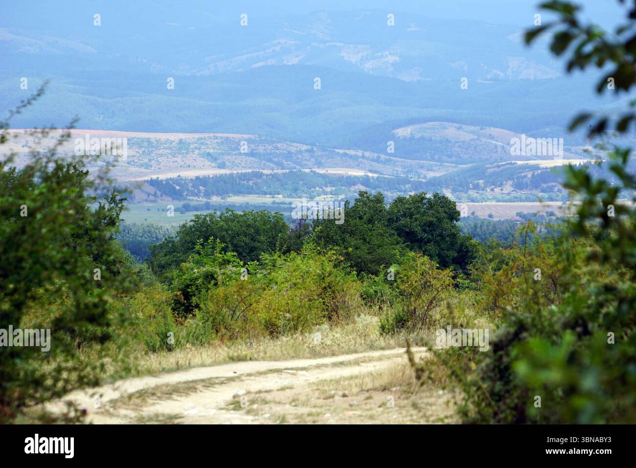 Un paysage serein avec un chemin de terre serpentant à travers un champ d'herbe brun clair et sec. La route est entourée d'une variété d'arbres et de buissons, dont certains avec un feuillage vert et vert jaunâtre. Le fond présente des collines et des montagnes vallonnées, avec un mélange de végétation verte et brune, créant une sensation de profondeur et de distance. Le ciel est d'un bleu clair, et la scène dans son ensemble est baignée d'une lumière douce et naturelle. Un œil d'artiste et l'imagination façonné légende., Bansko est une ville pittoresque dans le sud-ouest de la Bulgarie, nichée au pied des montagnes Pirin. Banque D'Images Un paysage serein avec un chemin de terre serpentant à travers un champ d'herbe brun clair et sec. La route est entourée d'une variété d'arbres et de buissons, dont certains avec un feuillage vert et vert jaunâtre. Le fond présente des collines et des montagnes vallonnées, avec un mélange de végétation verte et brune, créant une sensation de profondeur et de distance. Le ciel est d'un bleu clair, et la scène dans son ensemble est baignée d'une lumière douce et naturelle. Un œil d'artiste et l'imagination façonné légende., Bansko est une ville pittoresque dans le sud-ouest de la Bulgarie, nichée au pied des montagnes Pirin. Banque D'Images