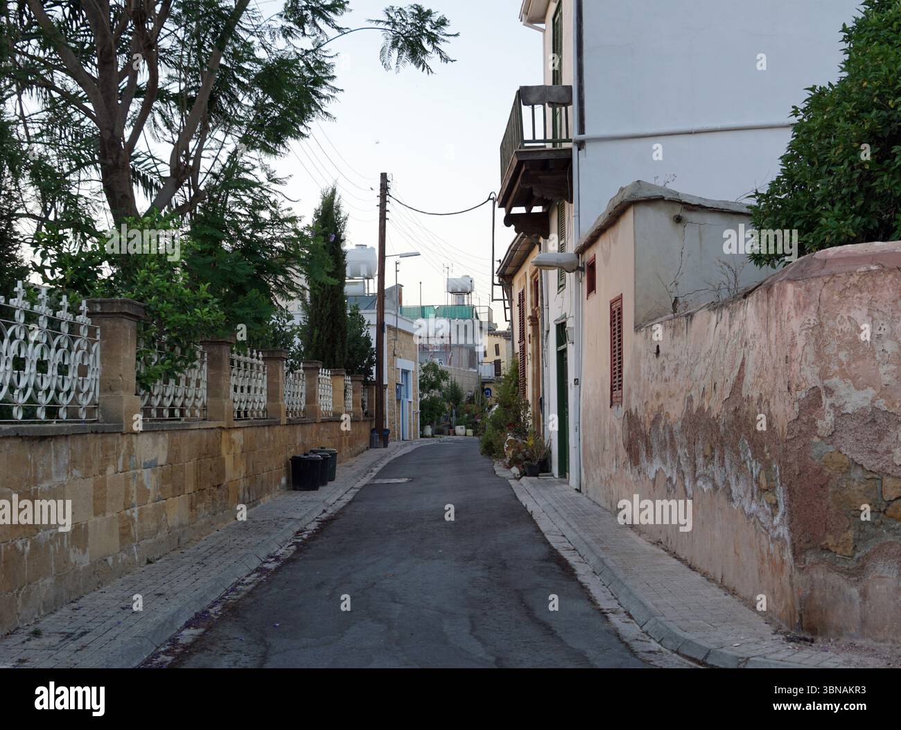 Nicosie (Lefkosia), Chypre, la dernière capitale divisée du monde, Une rue étroite pavée dans un style rappelant l'architecture méditerranéenne. La rue est flanquée de bâtiments avec des murs blancs et quelques murs beiges ou beiges, créant un mélange harmonieux de couleurs. Sur le côté gauche, une clôture blanche avec un portail décoratif en métal est parallèle à la route. Sur le côté droit, un mur de pierre avec un panneau fané indiquant 'ANT 20' est visible. La rue est bordée d'arbres et de buissons, et quelques petites plantes sont visibles le long du mur. Les poteaux électriques et les lignes électriques sont également visibles le long de la rue. Le ciel est un Banque D'Images