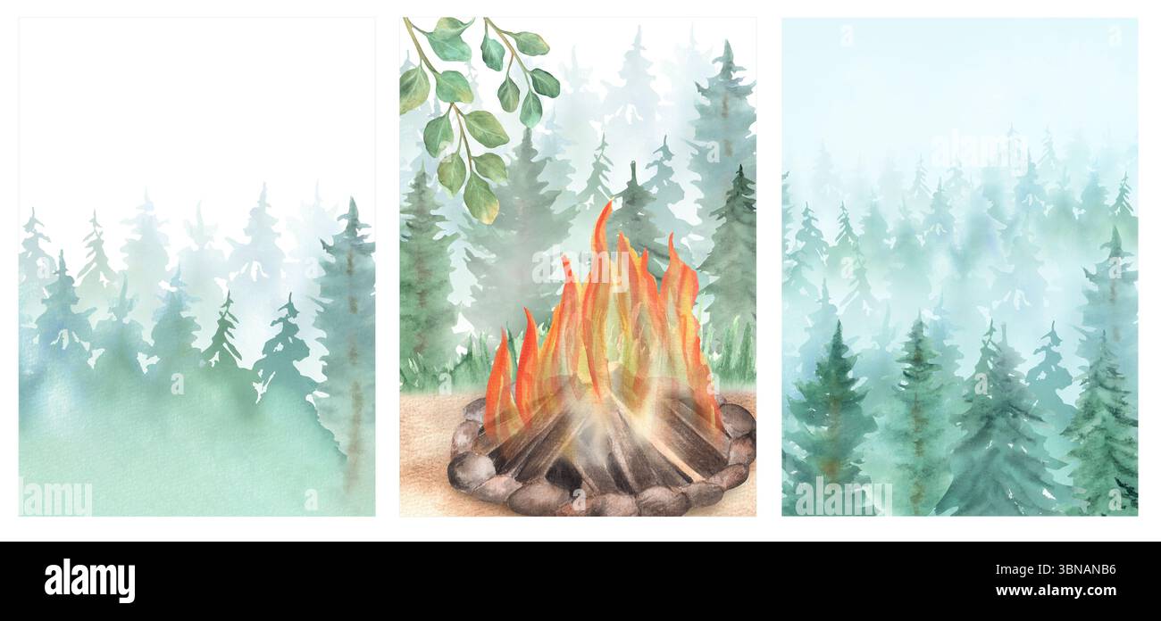 Un paquet de trois modèles de carte de voeux aquarelle avec des sapins bleus verts dans la forêt brumeuse, feu de camp. Illustrations dessinées à la main pour couvertures, inv Banque D'Images