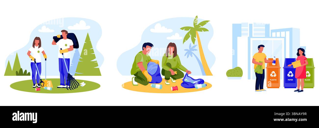 Illustration de dessin animé plat vectoriel de volontaires nettoyant les déchets plastiques dans le parc, la plage et la ville. Concept écologique de recyclage, prévention de la pollution Illustration de Vecteur