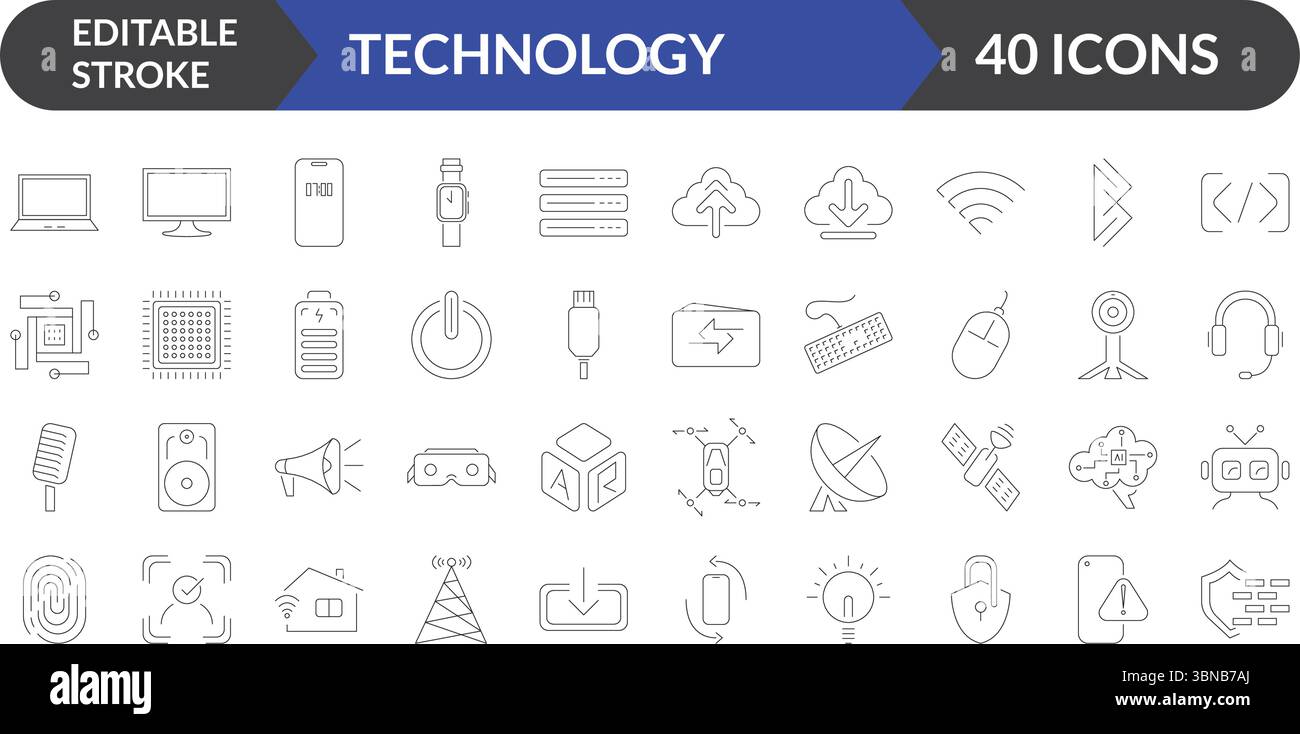 Collection vectorielle d'icônes de ligne de technologie, Pack d'icônes de technologie de coup modifiable, appareils numériques, innovation, symboles de réseau Illustration de Vecteur