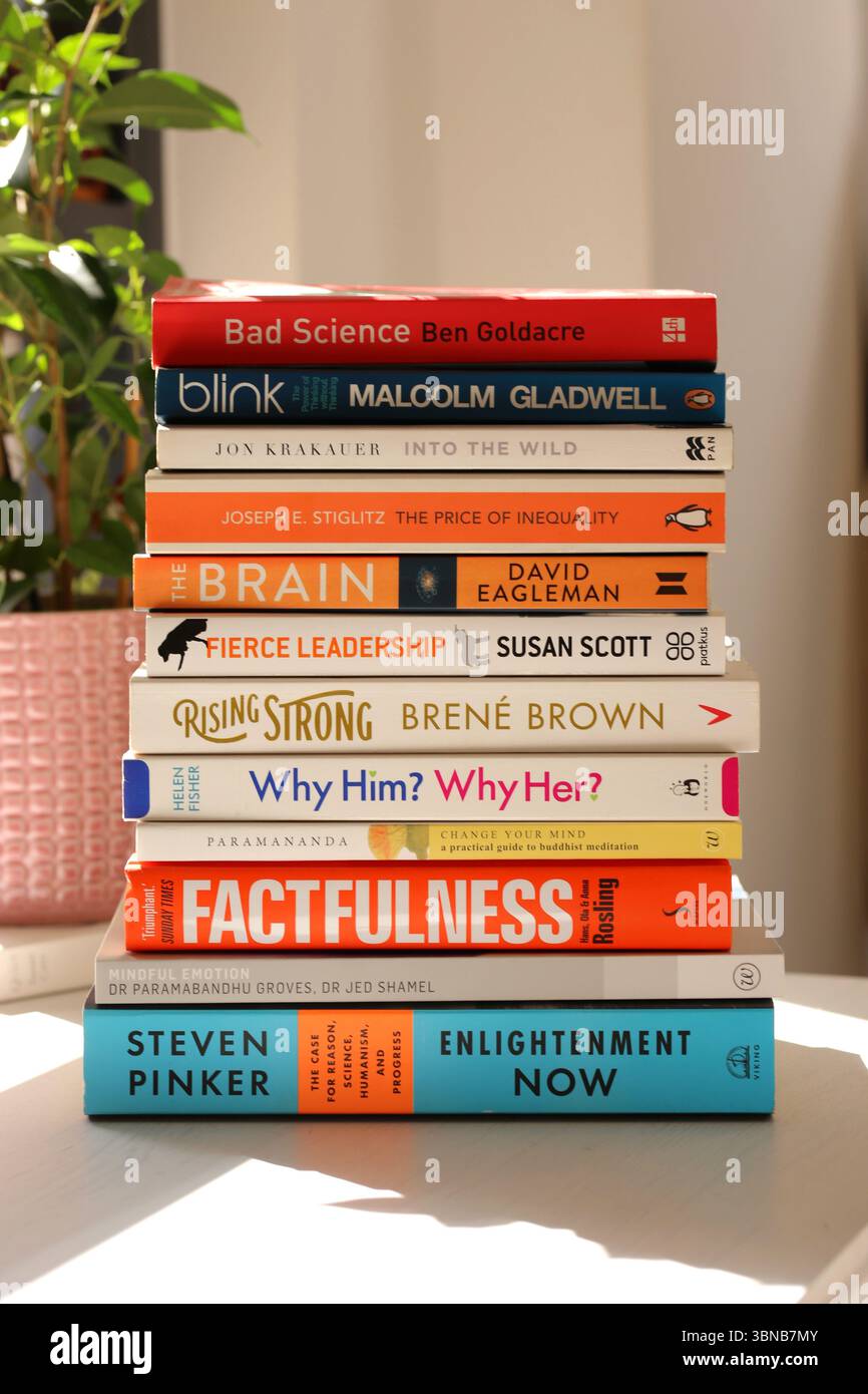 Pile organisée de livres de psychologie populaire et d'entraide sur une table en bois, y compris des titres de Brene Brown, Malcolm Gladwell et Helen Fisher. Banque D'Images