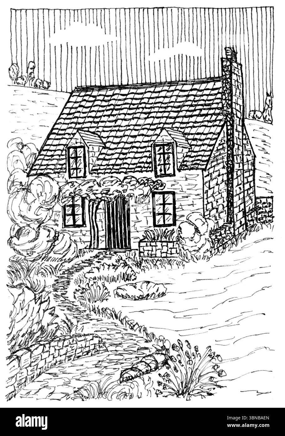 Ce charmant croquis dessiné à la main représente un cottage pittoresque avec un toit abrupt et carrelé et une cheminée en pierre, niché au milieu d'un feuillage luxuriant. Un jardin sinueux Pat Banque D'Images