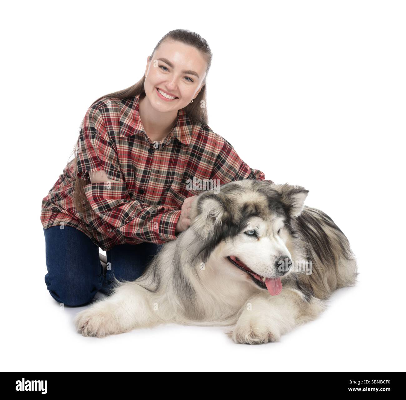 Femme avec son beau chien Malamute d'Alaska sur fond blanc Banque D'Images
