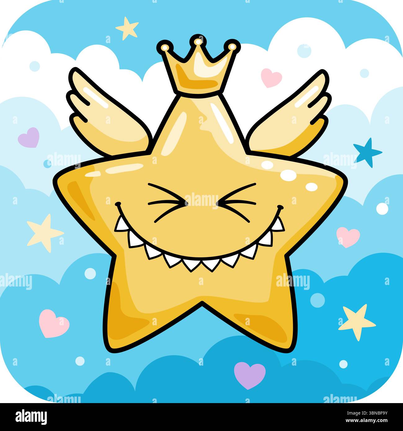 Étoile heureuse avec couronne et ailes dans les nuages kawaii caractère Illustration de Vecteur