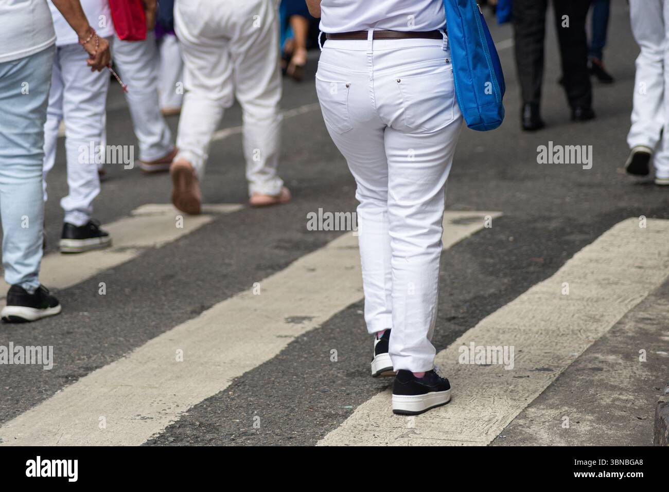 Photo de demi-corps de personnes non identifiées marchant sur un passage pour piétons. Salvador, Brésil Banque D'Images
