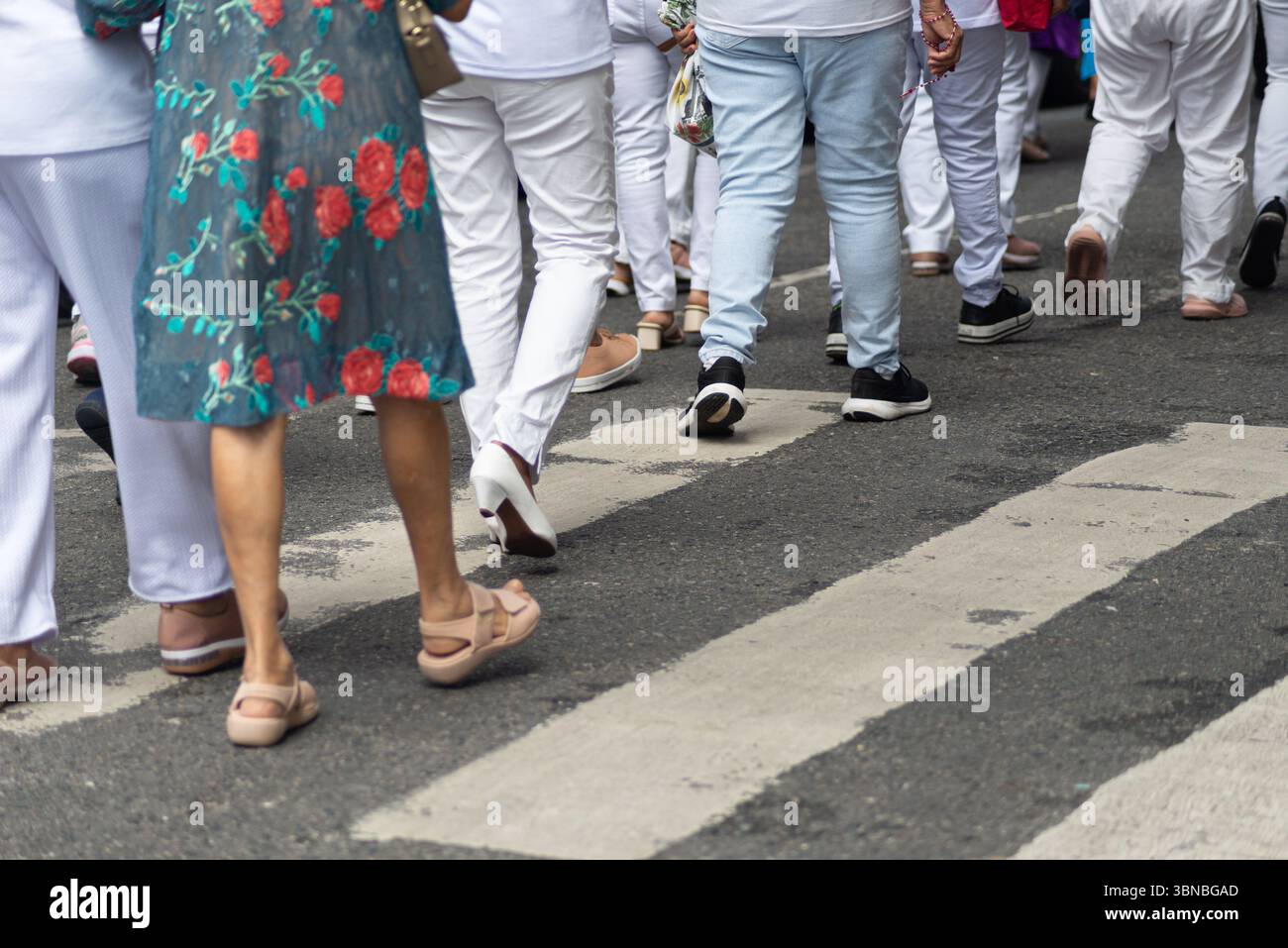 Photo de demi-corps de personnes non identifiées marchant sur un passage pour piétons. Salvador, Brésil Banque D'Images