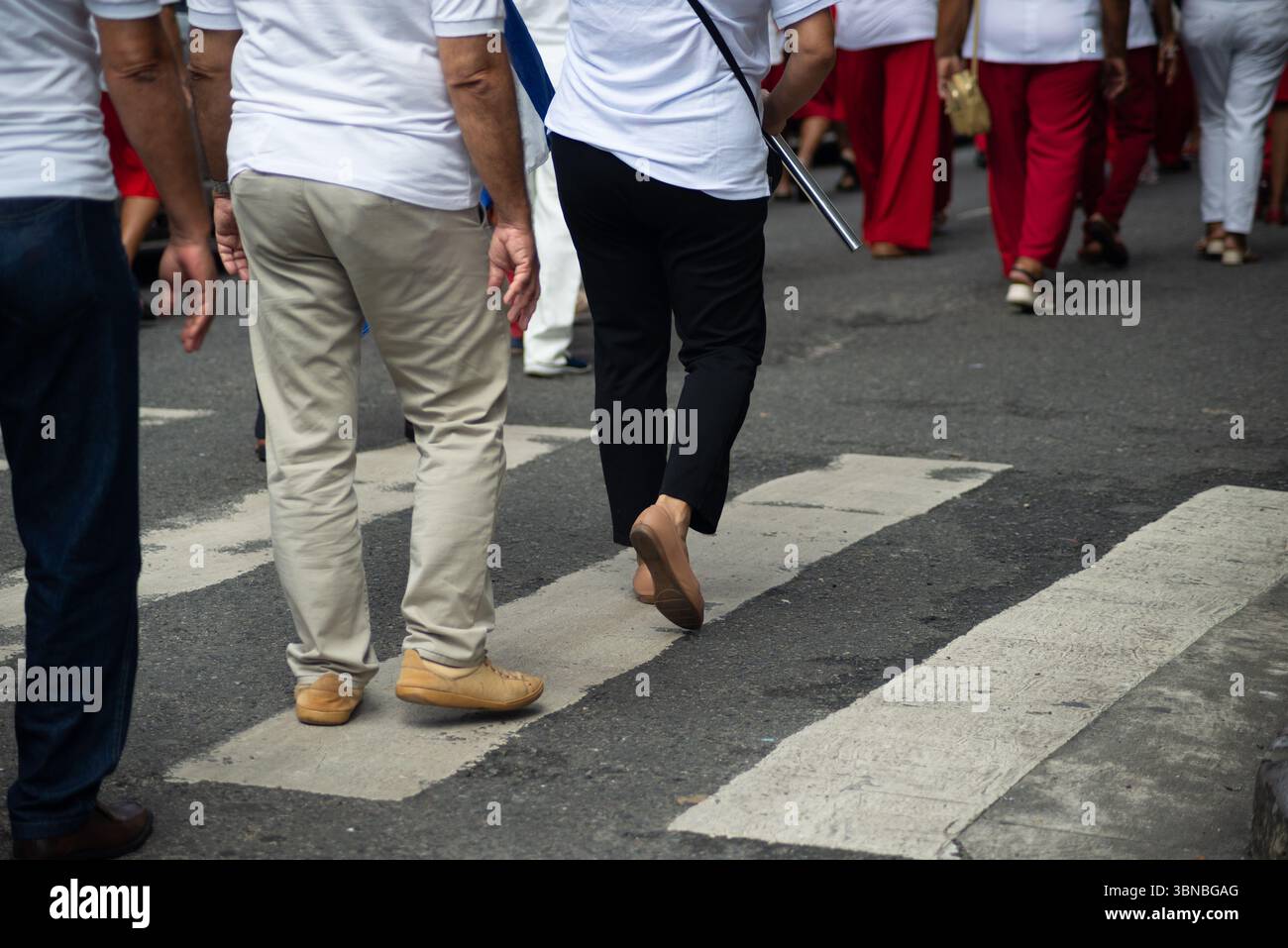 Photo de demi-corps de personnes non identifiées marchant sur un passage pour piétons. Salvador, Brésil Banque D'Images