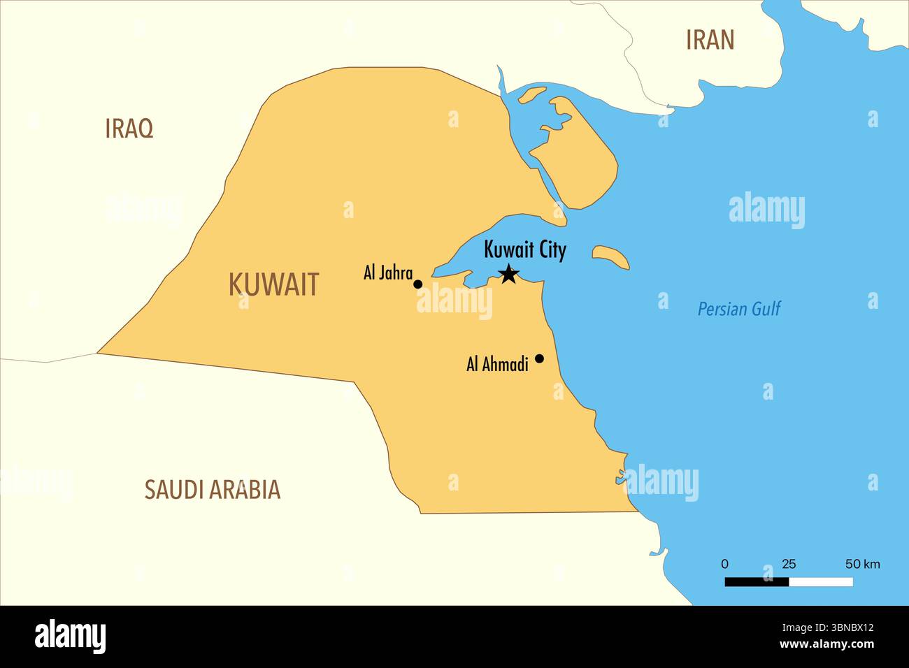 Carte du Koweït avec les grandes villes et les pays voisins Banque D'Images