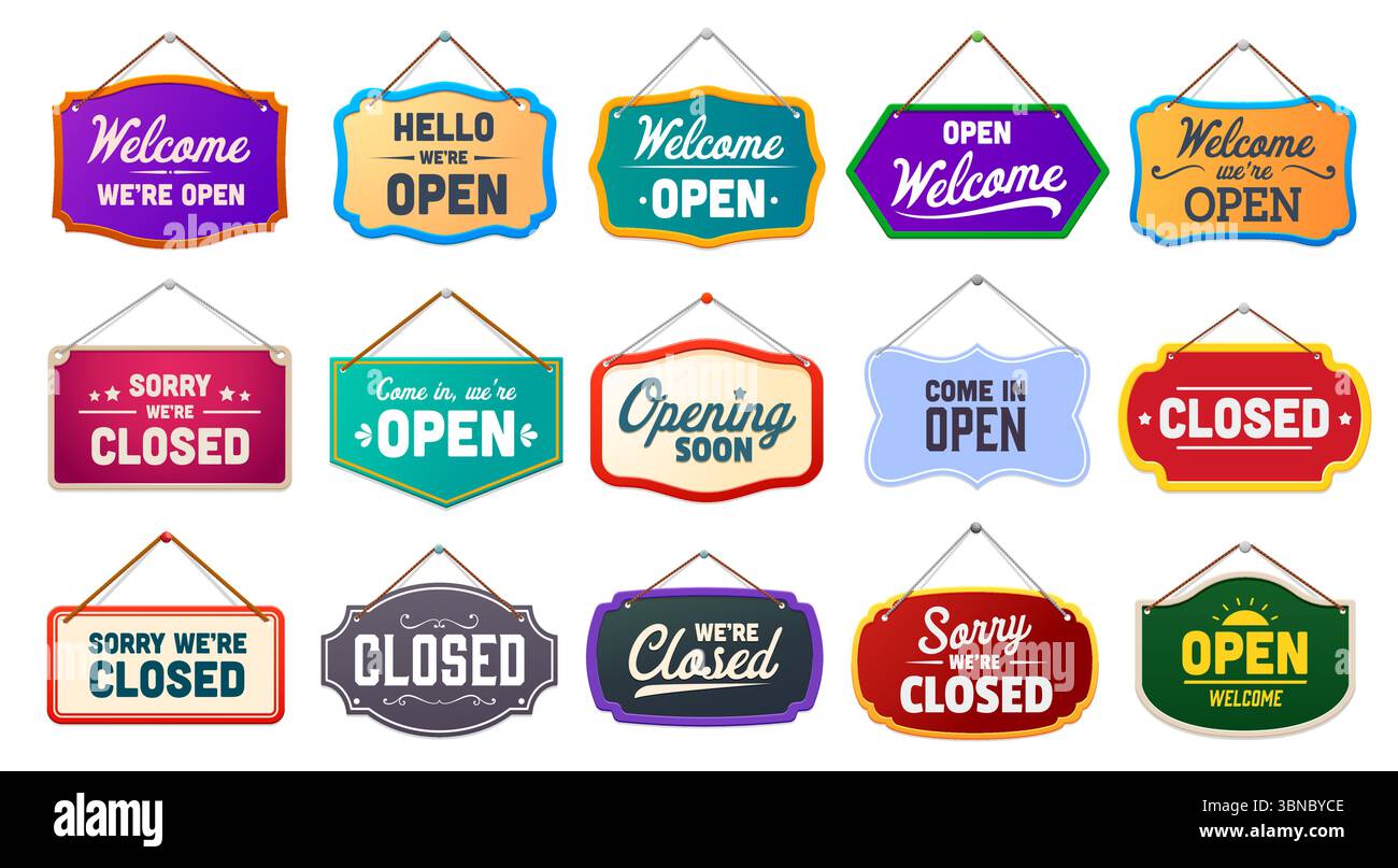 Panneau d'avis de magasin, panneaux de panneau ouvert et fermé. Le vecteur isolé affiche la disponibilité de l'activité de signalisation. Bannières informatives transmettant des détails essentiels sur le magasin, pour attirer les clients Illustration de Vecteur