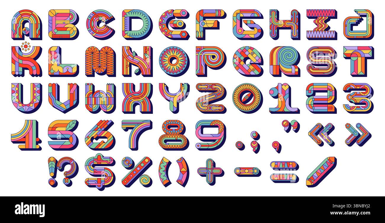 Police groovy, police hippie funky, type de lettres rétro, ensemble de typographie vectorielle alphabétique anglais. Groovy police abc lettres et chiffres avec motif de formes géométriques psychédéliques, arc-en-ciel hippie, fleurs Illustration de Vecteur