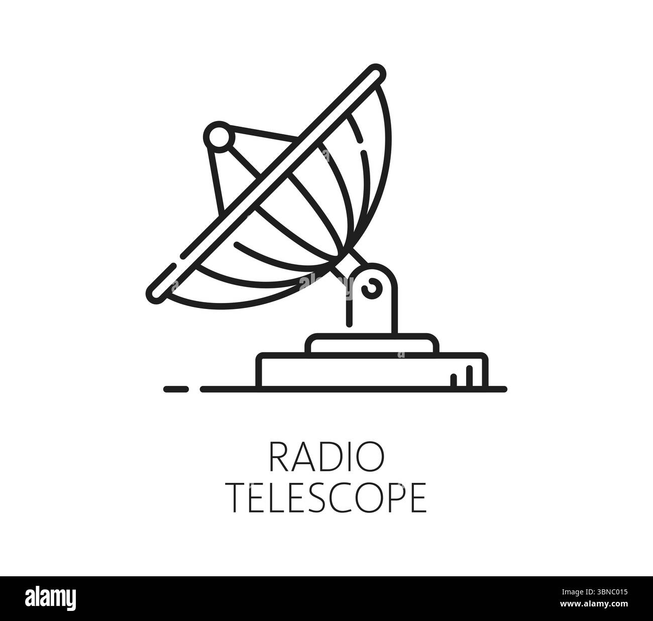Antenne de radiotélescope spatial et icône de ligne de galaxie. Signe vectoriel de contour de recherche spatiale, icône de ligne mince de découverte de cosmos. Symbole linéaire de science astronomique ou pictogramme d'exploration de l'espace extra-atmosphérique de galaxie Illustration de Vecteur