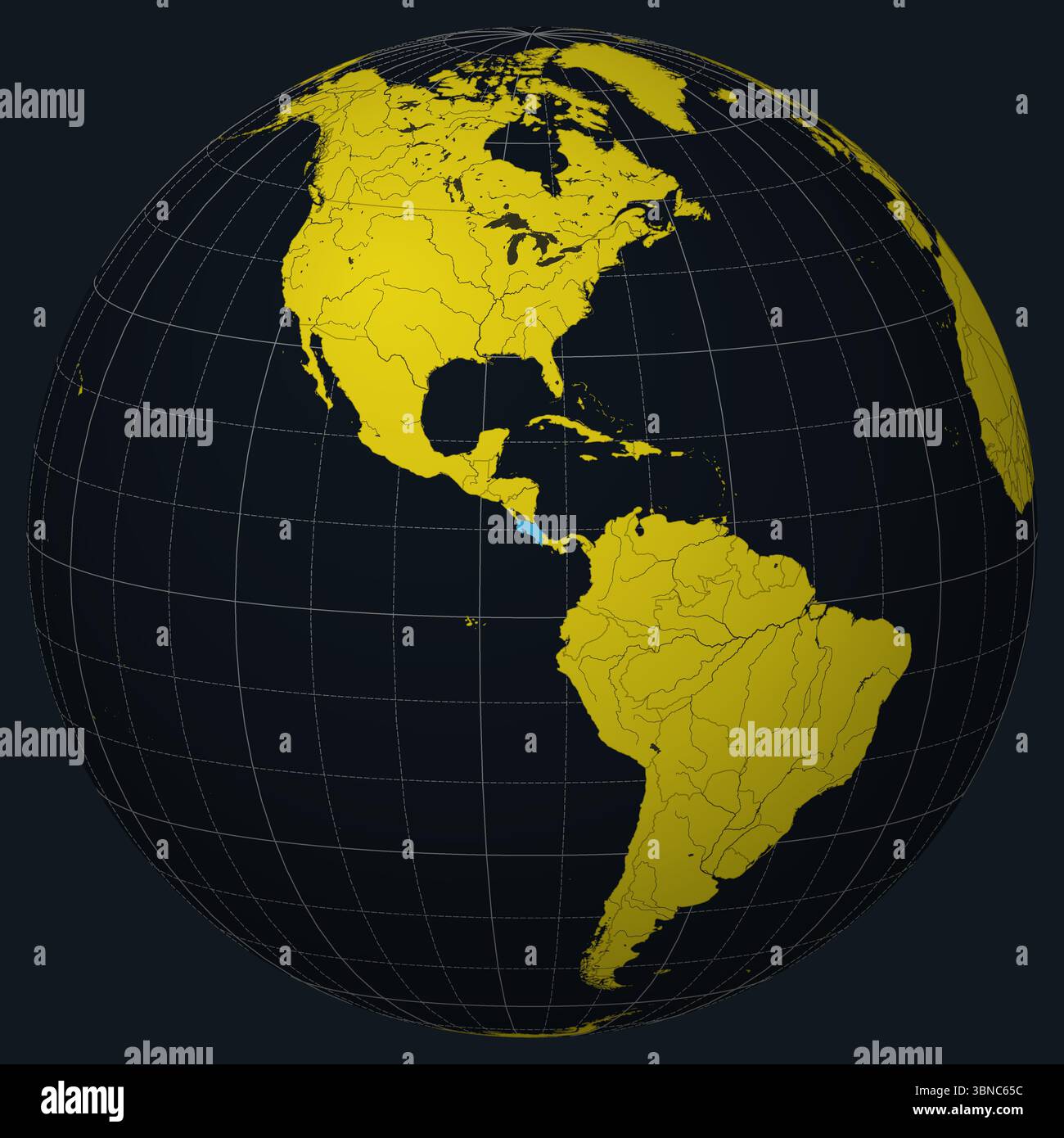 République du Costa Rica sur Globe. Vue du pays sur la carte du monde dans la palette de couleurs Charcoal Bright Yellow. Costa Rica forme sur la carte. Illustration de Vecteur
