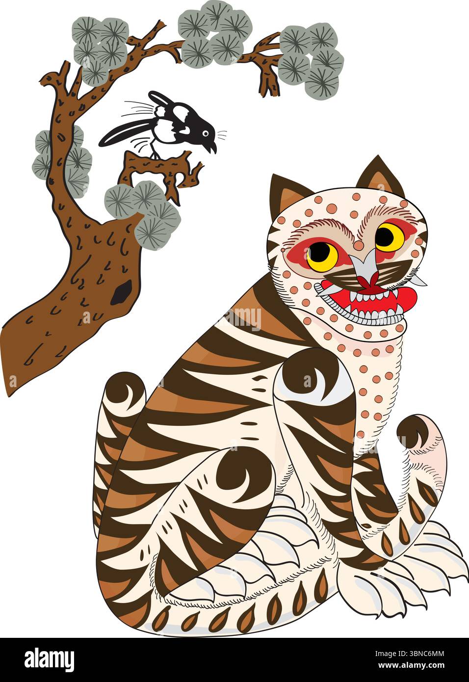 Vecteur d'art populaire coréen traditionnel mettant en vedette un tigre souriant et une pie sous un pin. Parfait pour l'art mural, les tatouages, la décoration et les conceptions culturelles. Illustration de Vecteur