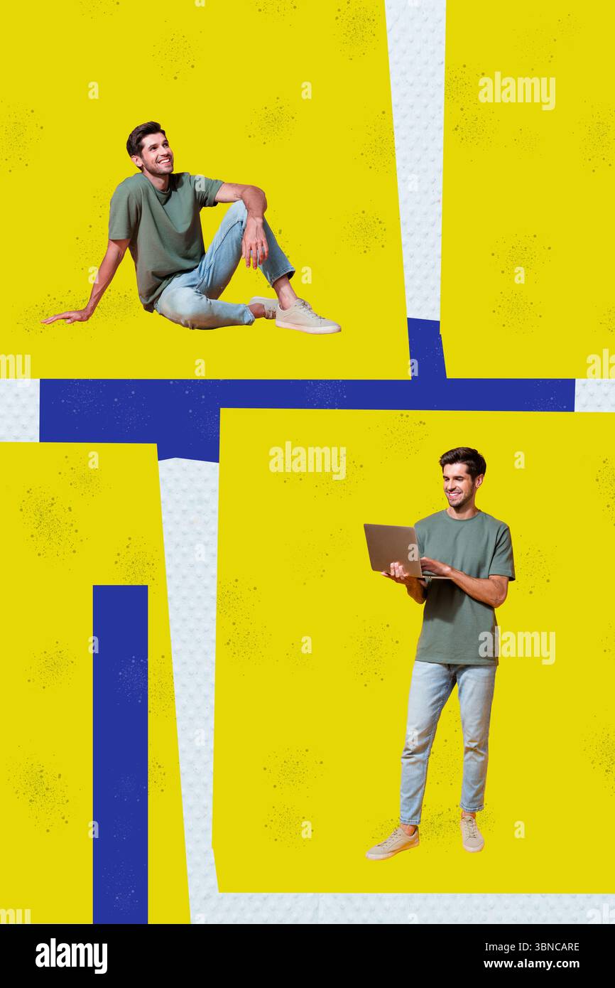 Modèle de tendance croquis de conception 3D collage de photos de jeune homme asseyez-vous dans l'espace travail à distance ordinateur netbook technologie freelance Banque D'Images