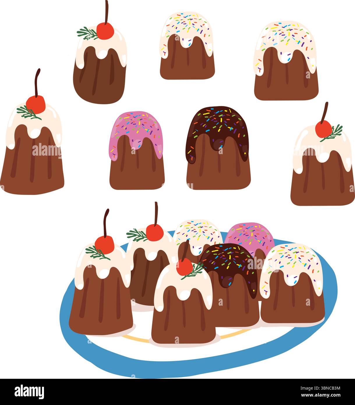 Illustration vectorielle de mini gâteaux avec glaçage, saupoudres et cerises sur une assiette. Parfait pour anniversaire, Noël, menu de fête, emballage, utilisation numérique. Illustration de Vecteur
