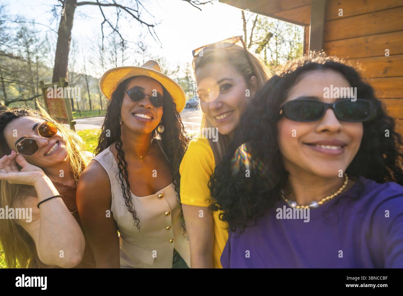 Quatre femmes joyeuses profitant d'une journée ensoleillée dans le parc, souriant et capturant des souvenirs ensemble tout en embrassant leur amitié et leur diversité Banque D'Images Quatre femmes joyeuses profitant d'une journée ensoleillée dans le parc, souriant et capturant des souvenirs ensemble tout en embrassant leur amitié et leur diversité Banque D'Images