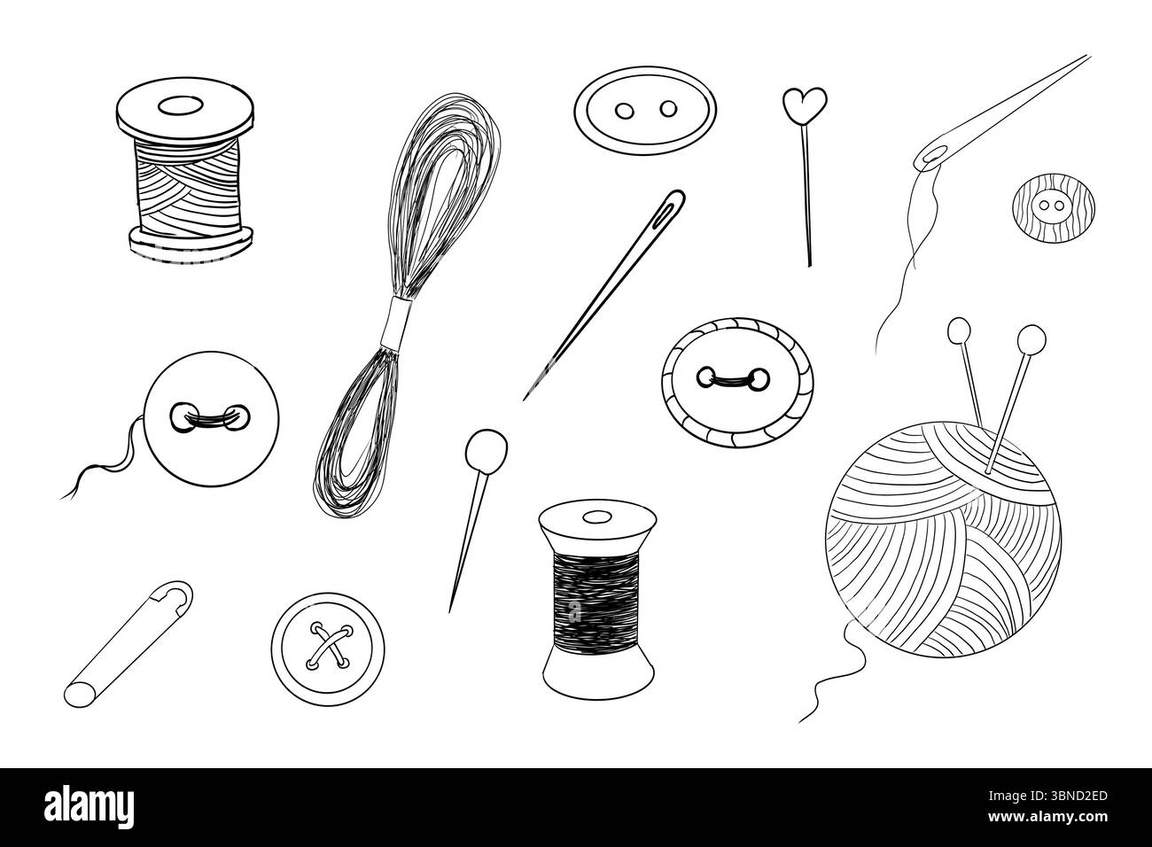 Set de couture avec fil, boutons d'aiguille doodle dessiné à la main. Collection de broderie artisanale faite à la main. Kit tailleur vintage. Accessoires de couture. Illustration vectorielle Illustration de Vecteur