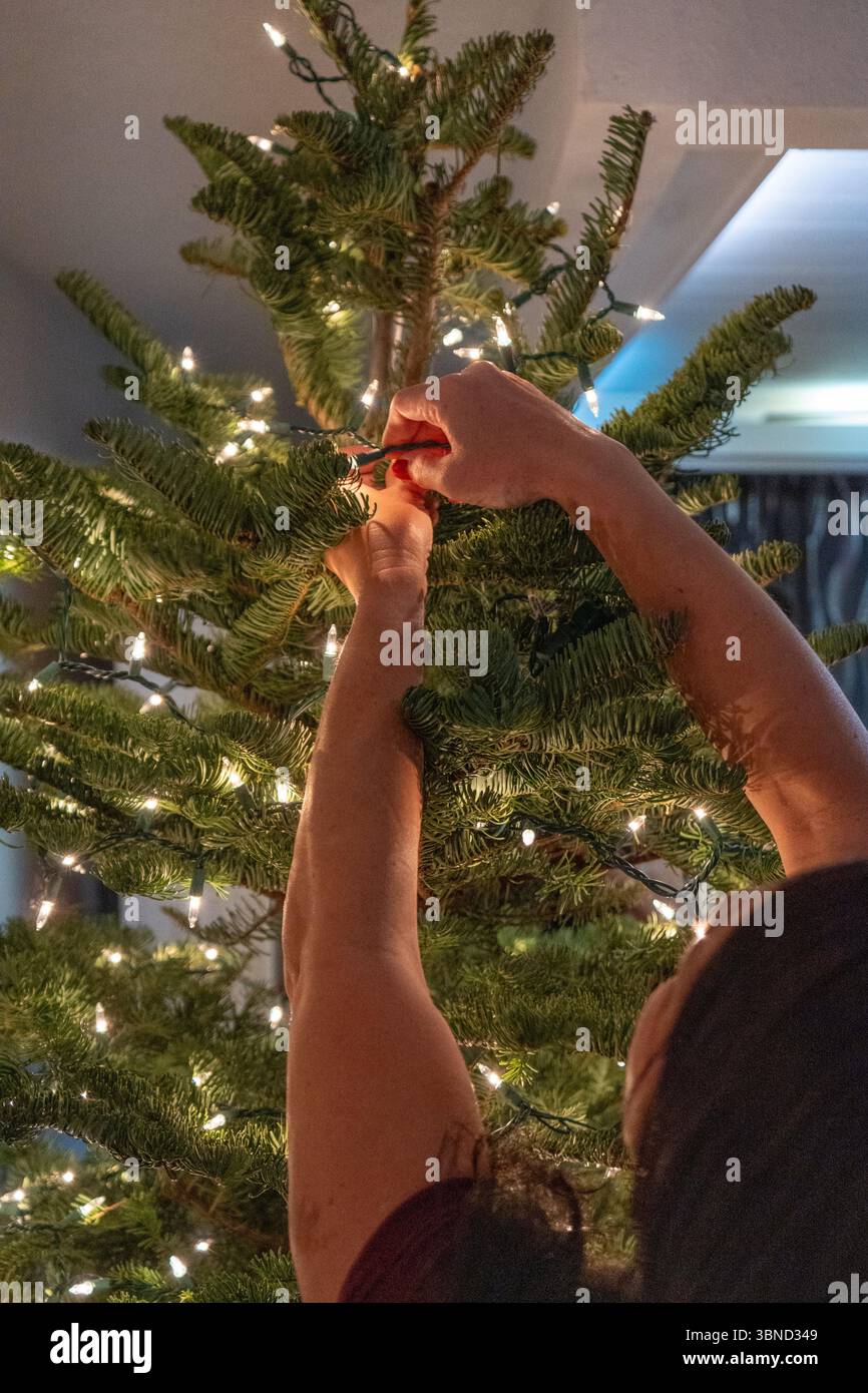 Décorations festives avec lumières de Noël confortables, ornements et branches de pin créant une ambiance hivernale chaleureuse et nostalgique parfaite Banque D'Images