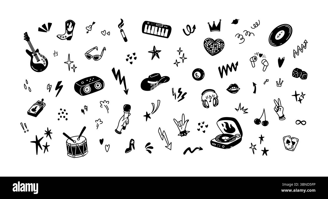 Fond graphique manuscrit de doodle rock n roll. Festival de musique punk. Joueur de vinyle rétro vintage, guitare, microphone. Soirée disco cowboy. Ensemble de vache Illustration de Vecteur