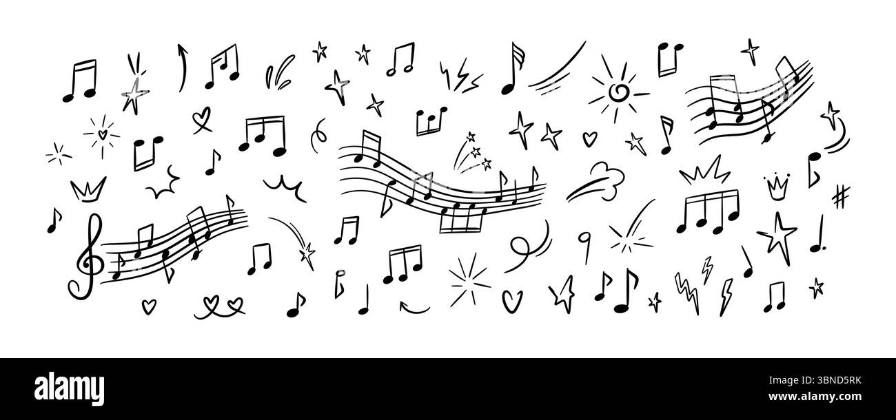 Ensemble de notes de musique de doodle dessinées à la main. Gribouillage au crayon d'écriture manuscrite. Croquis de symboles musicaux. Fond de mélodie enfantine. Motif fantaisiste à la craie. Cl Illustration de Vecteur