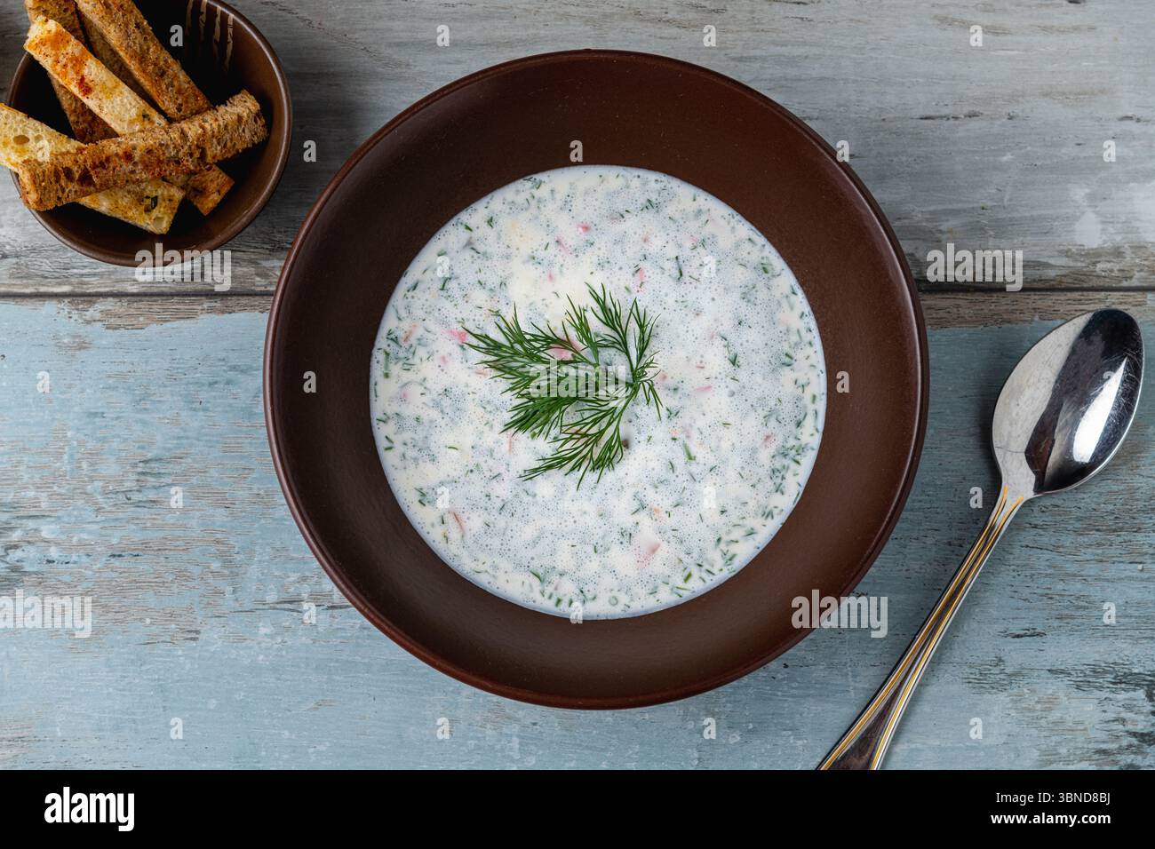 Soupe froide au yaourt avec concombre, aneth et herbes fraîches Banque D'Images
