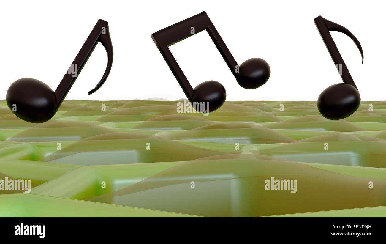 Un rendu 3D de la fusion du monde microscopique des cellules végétales avec une représentation abstraite des notes de musique, le tout au sein de la structure. Banque D'Images