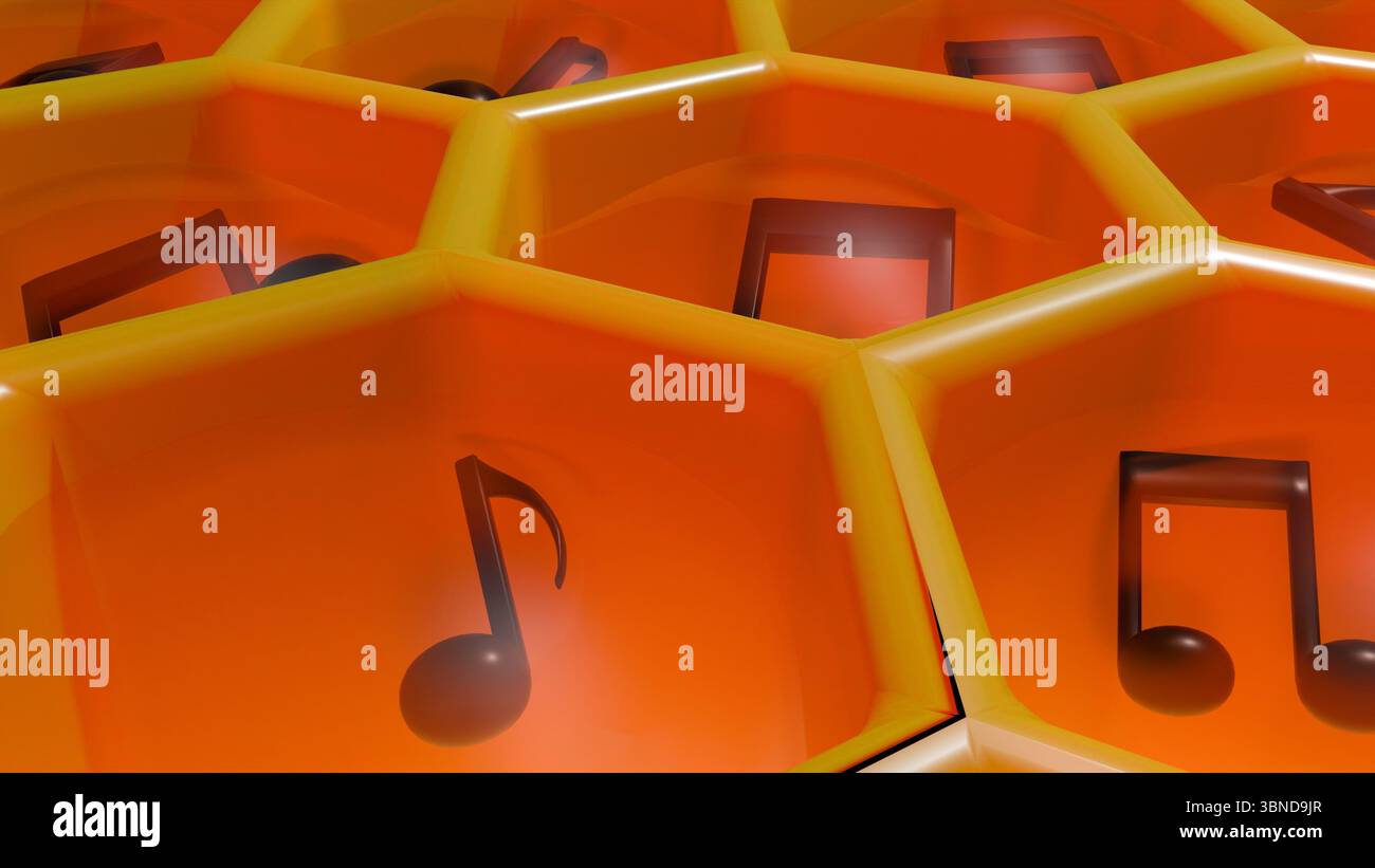 Un rendu 3D d'un nid d'abeille rempli de notes de musique. Des notes musicales sombres et silhouettées sont visibles dans plusieurs de ces cellules hexagonales. Banque D'Images