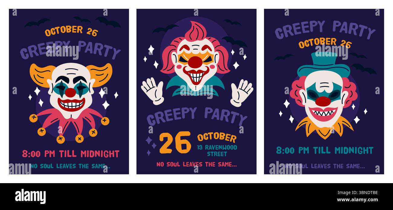 Cartes de clowns maléfiques. Événement de vacances d'Halloween, conception d'affiche d'invitation de fête d'horreur, personnages joker de cirque effrayants, célébration effrayante, visage effrayant Illustration de Vecteur