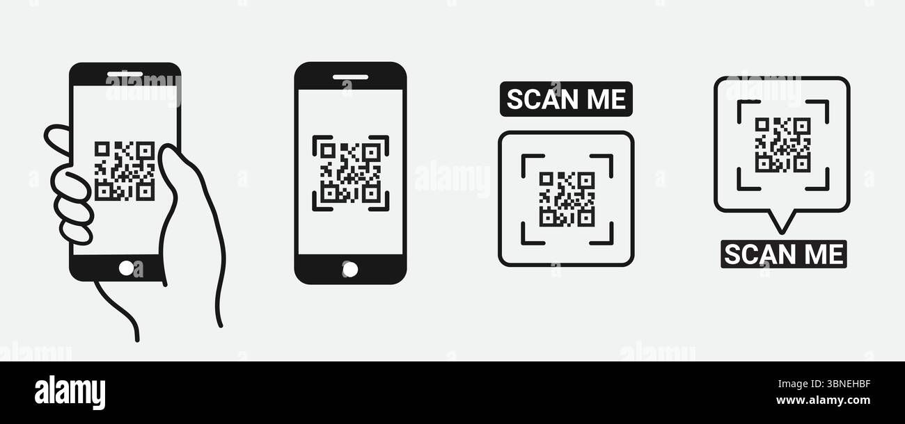 'Icônes de lecture de code QR - smartphone, Scan me Text et QR Code Designs' Illustration de Vecteur