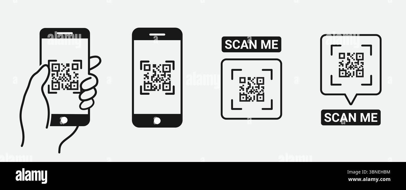 'Icônes de lecture de code QR - smartphone, Scan me Text et QR Code Designs' Illustration de Vecteur