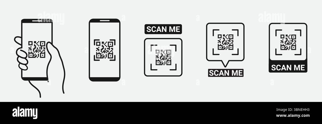 'Icônes de lecture de code QR - smartphone, Scan me Text et QR Code Designs' Illustration de Vecteur