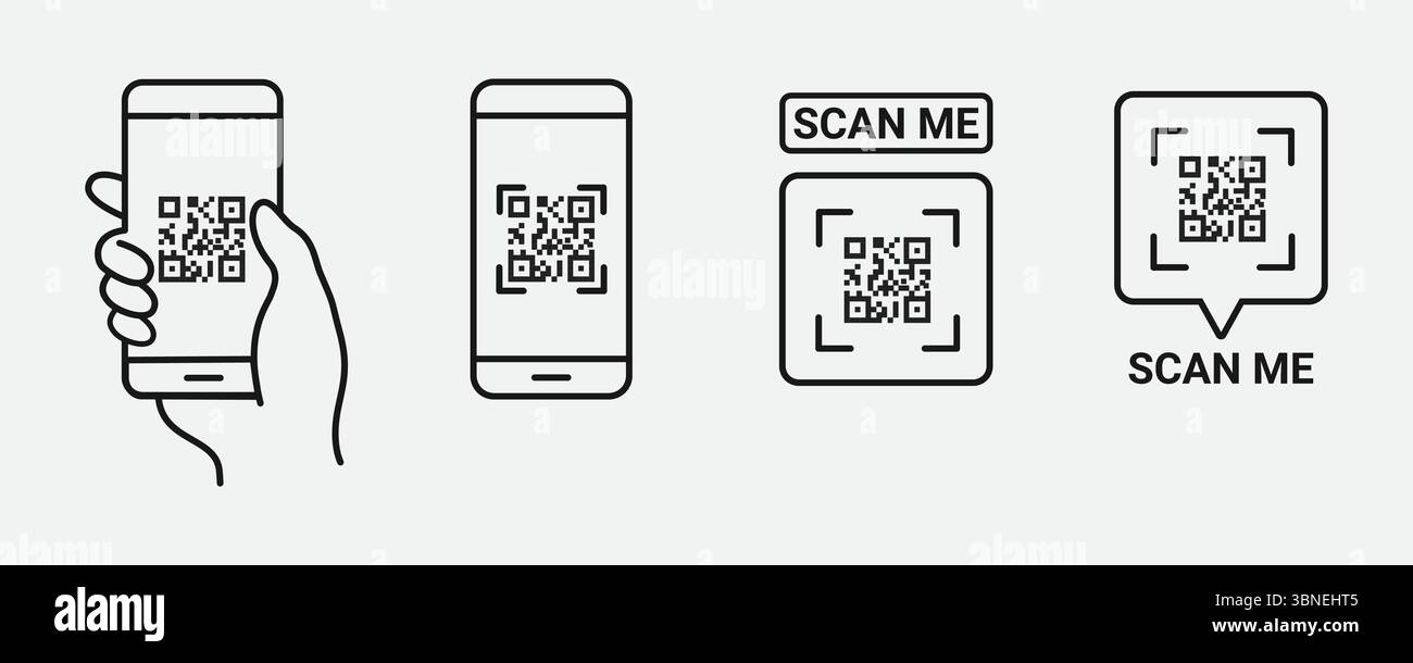 'Icônes de lecture de code QR - smartphone, Scan me Text et QR Code Designs' Illustration de Vecteur